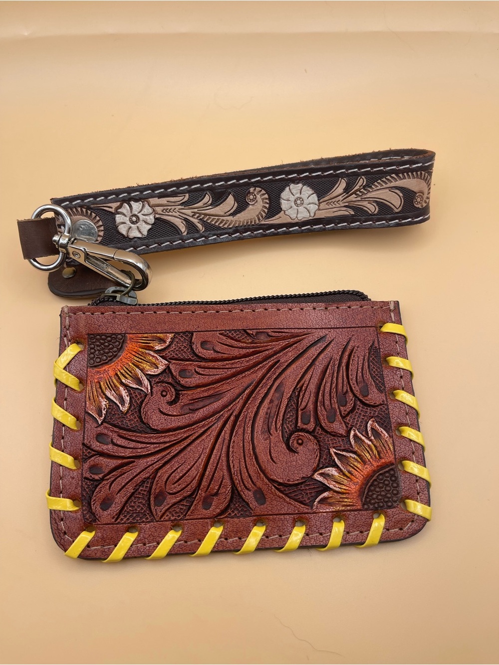 Western Tooled Leather Sunflower Cowhide Wristlet Coin Purse